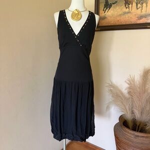Black Sleeveless V-Neck Silk Midi Dress